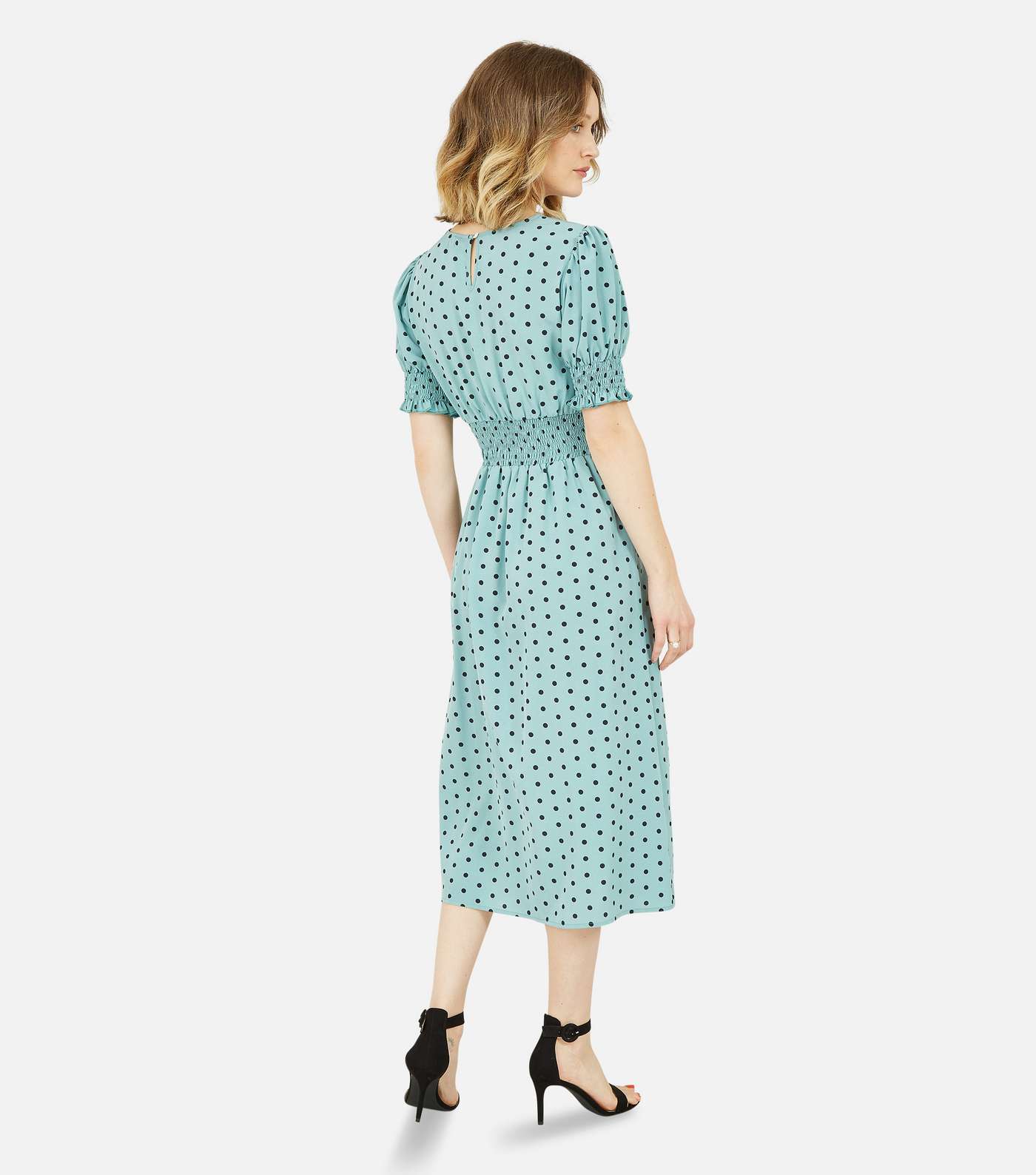 Mela Green Polka Dot Shirred Split Midi Dress Image 4