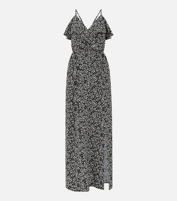 Mela Black Ditsy Floral Frill Split Maxi Wrap Dress New Look