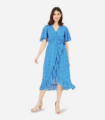 Mela Blue Ditsy Floral Frill Midi Wrap Dress New Look