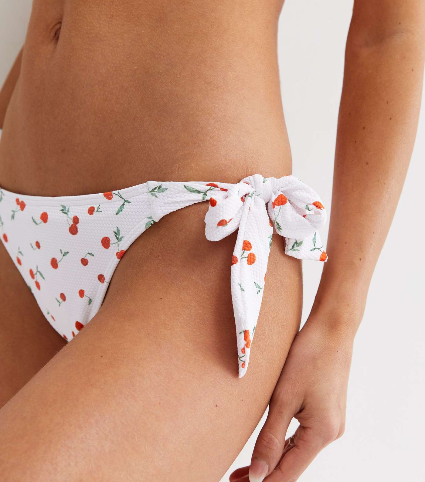 White Cherry Textured Tie Side Bikini Bottoms Image 2