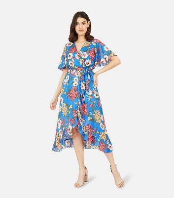 Mela Blue Floral Frill Midi Wrap Dress New Look