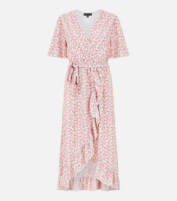 Mela Pink Ditsy Floral Frill Midi Wrap Dress New Look