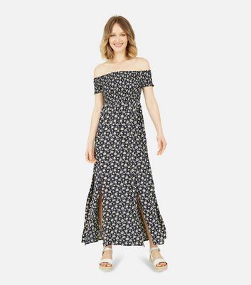 Mela Navy Ditsy Floral Shirred Bardot Midi Dress New Look