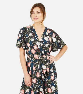 Mela Black Floral Midi Wrap Dress New Look