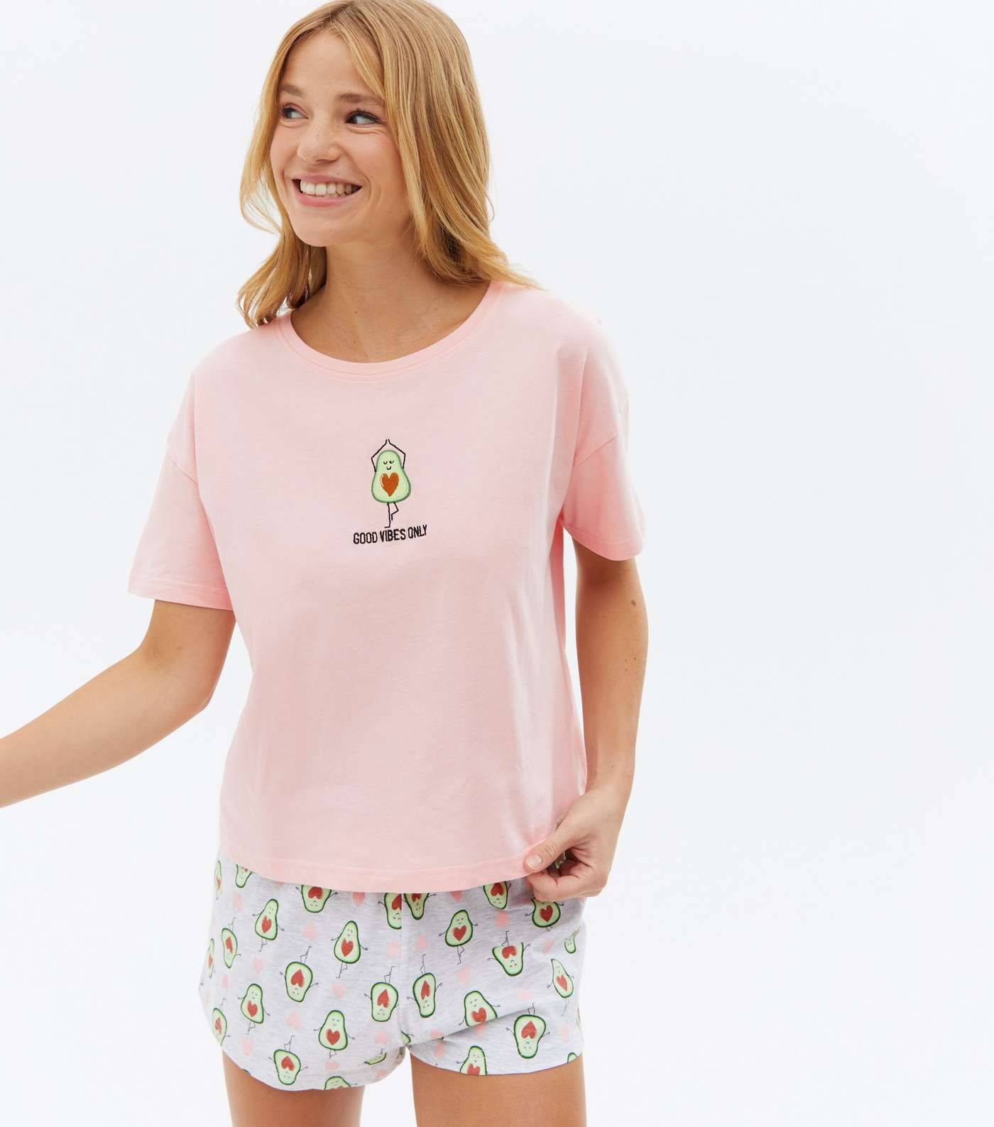 Pink Short Pyjama Set with Good Vibes Avocado Image 2