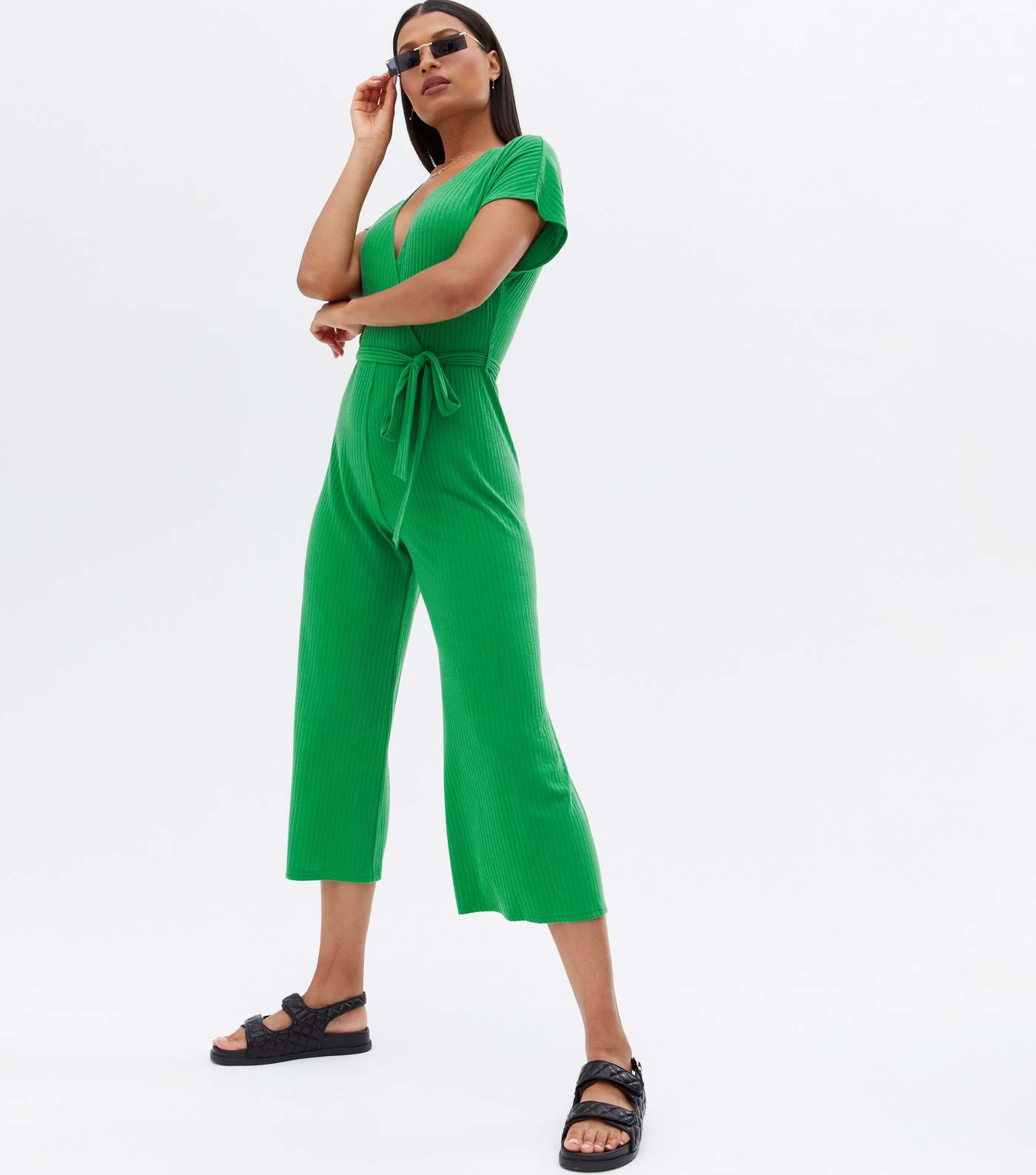 Green Ribbed Wrap Crop Jumpsuit Image 3