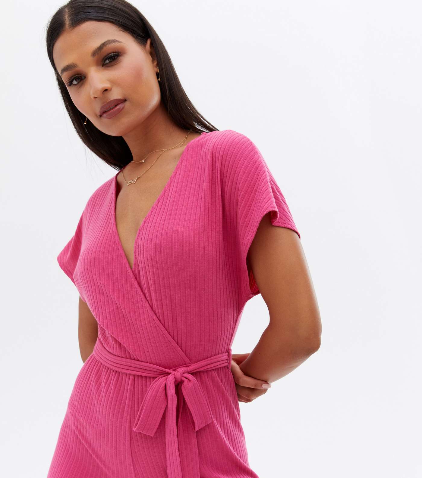Mid Pink Ribbed Wrap Crop Jumpsuit Image 2