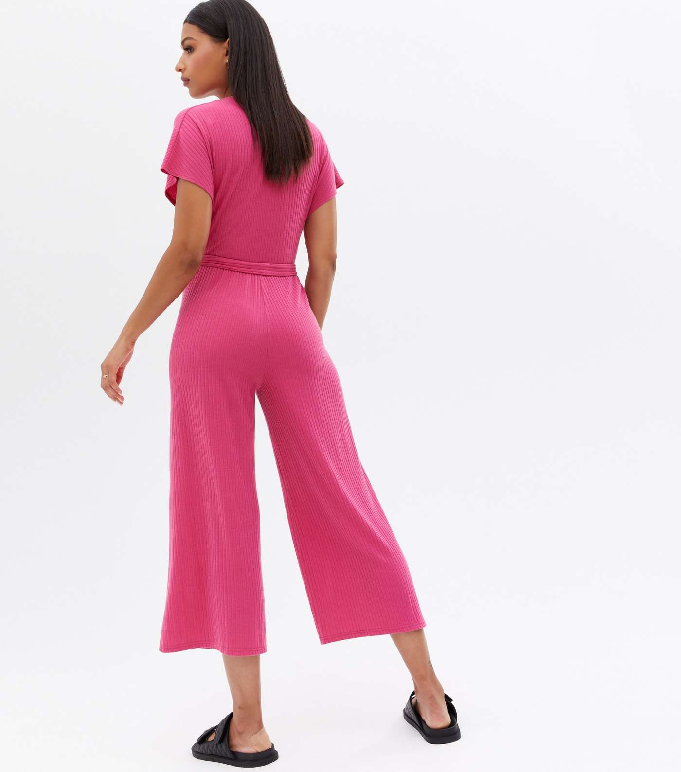 Mid Pink Ribbed Wrap Crop Jumpsuit Image 4
