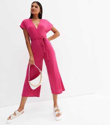 Bright Pink Ribbed Wrap Crop Jumpsuit