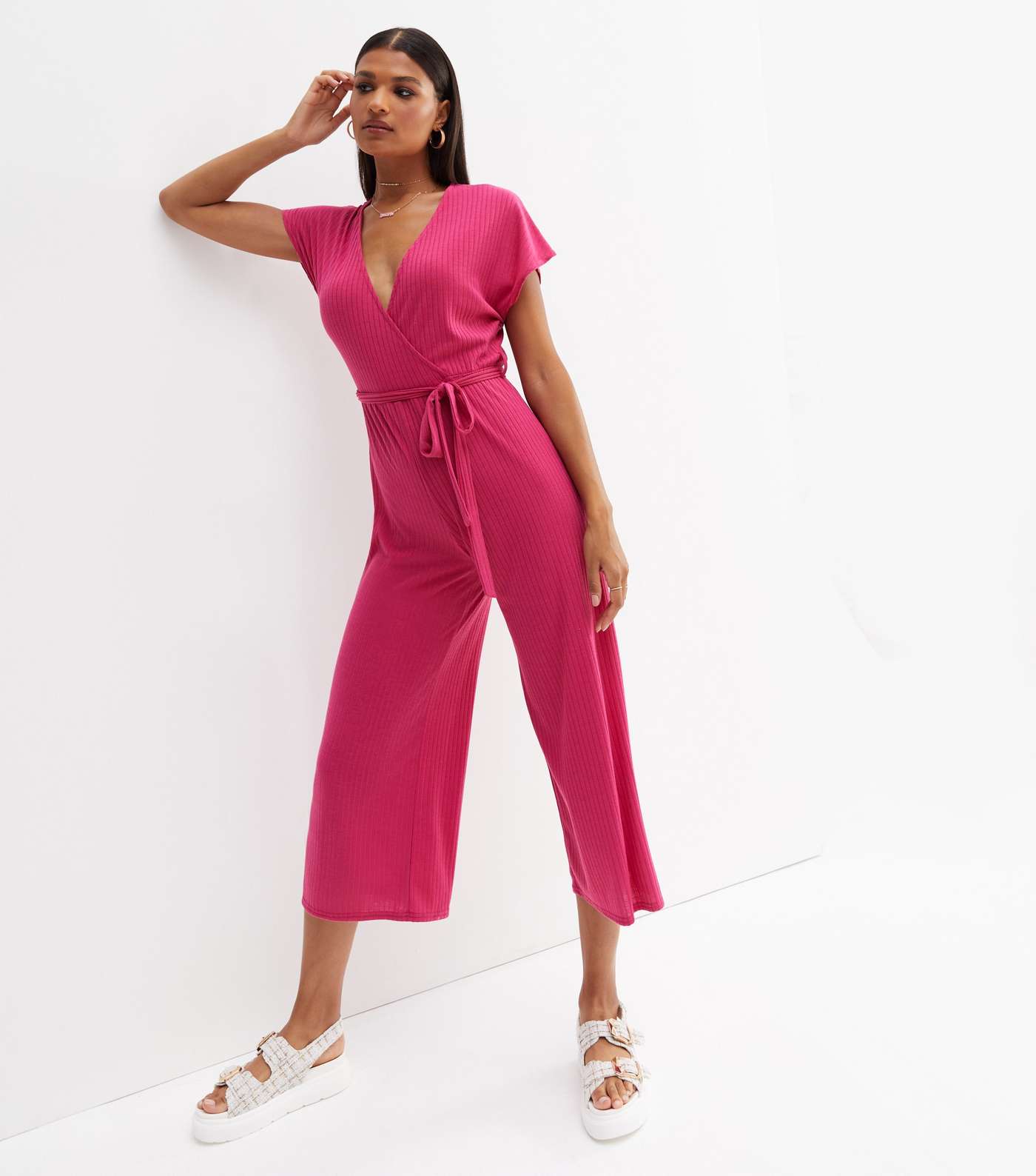 Bright Pink Ribbed Wrap Crop Jumpsuit Image 3