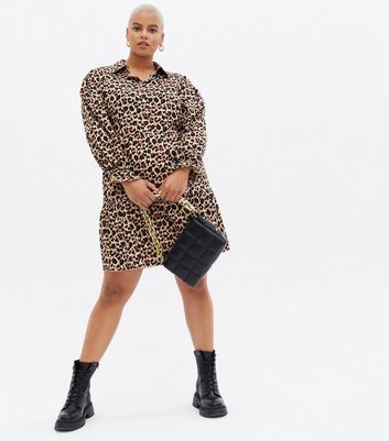 Curves Brown Leopard Print Tiered Mini Smock Shirt Dress New Look