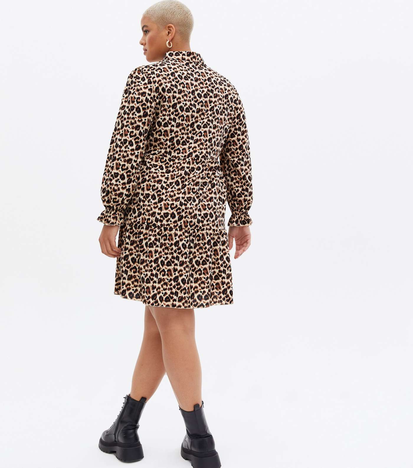 Curves Brown Leopard Print Tiered Mini Smock Shirt Dress Image 4