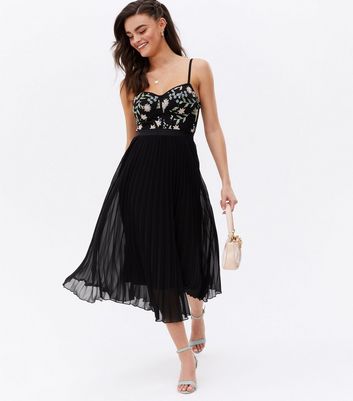 Black Floral Embroidered Bustier Pleated Midi Dress