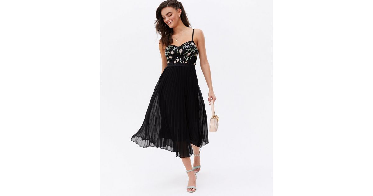 Black Floral Embroidered Bustier Strappy Midi Dress