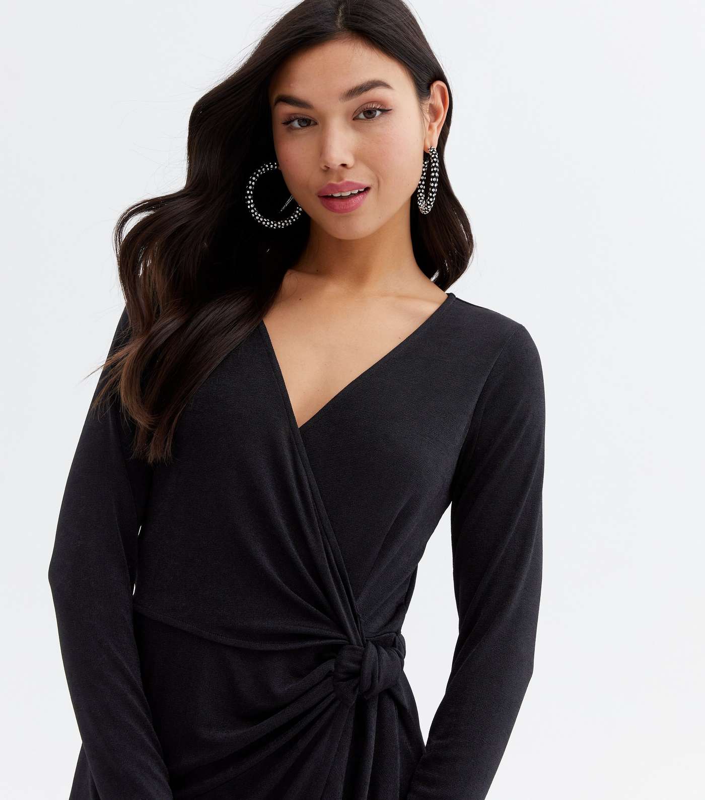 Black Long Sleeve Mini Wrap Dress Image 3