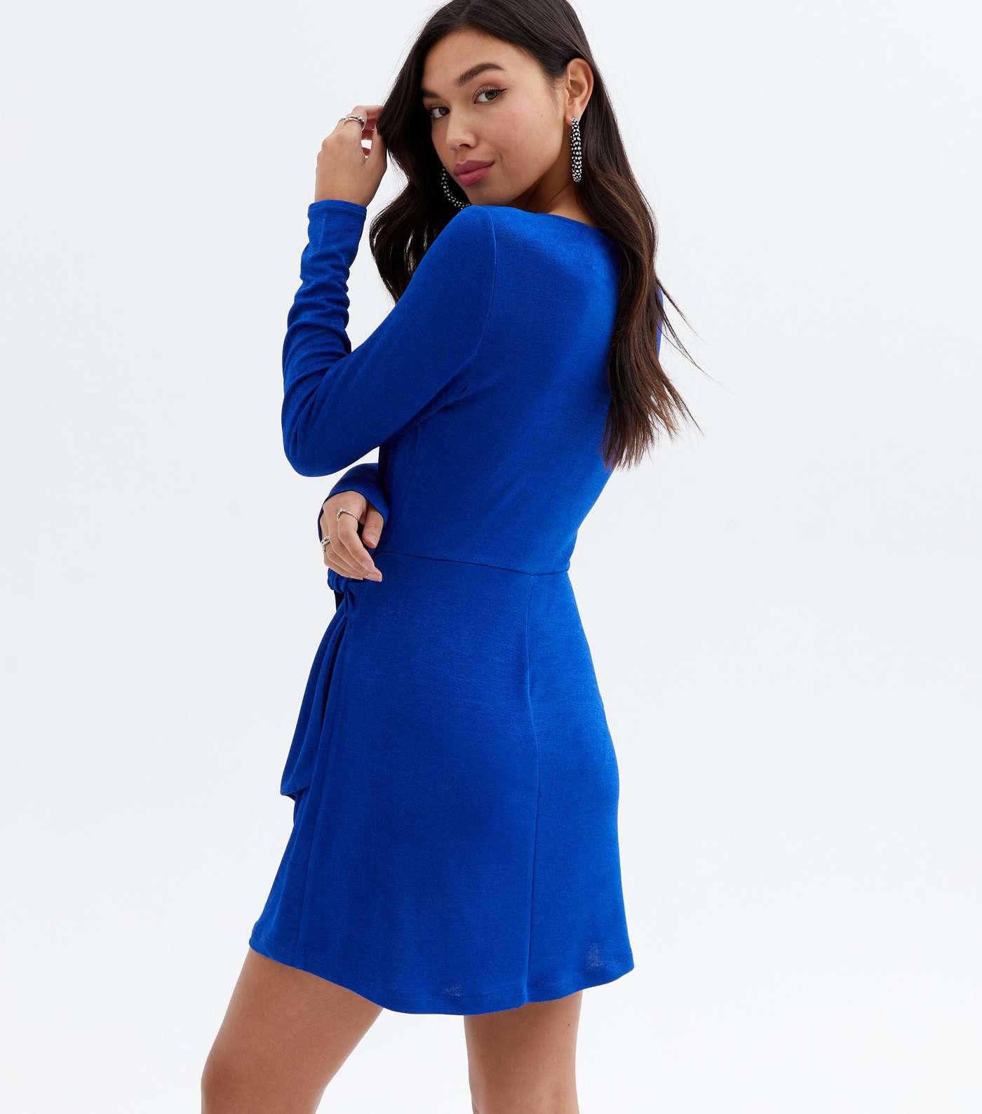 Blue Long Sleeve Mini Wrap Dress Image 4