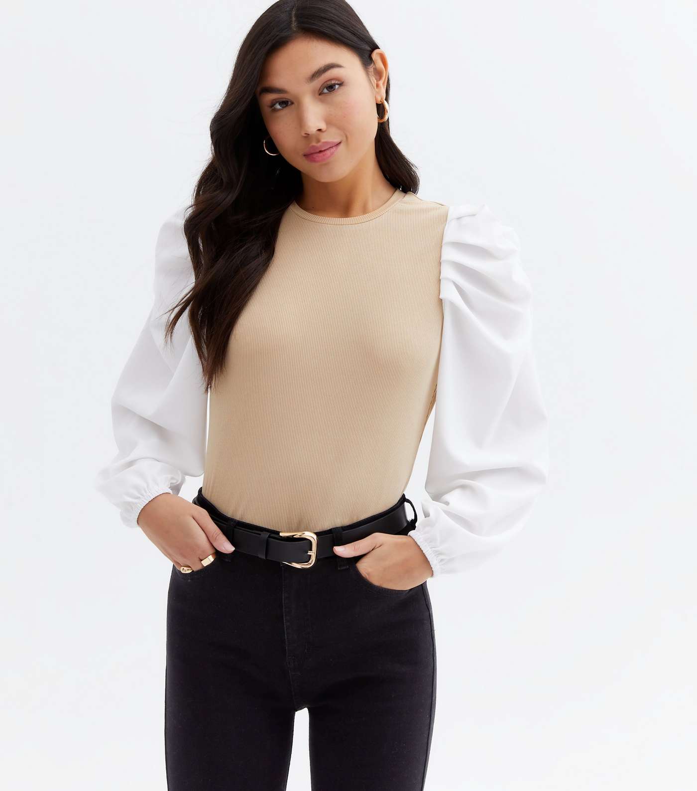 Camel Contrast Puff Sleeve Top