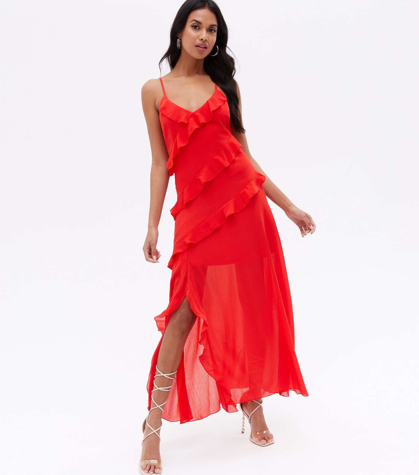 Red Chiffon Ruffle Strappy Midi Dress