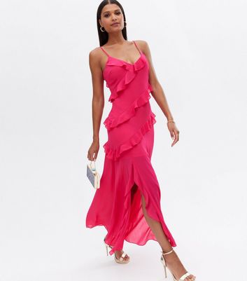 pink long ruffle dress