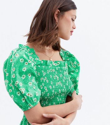 Green Daisy Shirred Peplum Blouse New Look