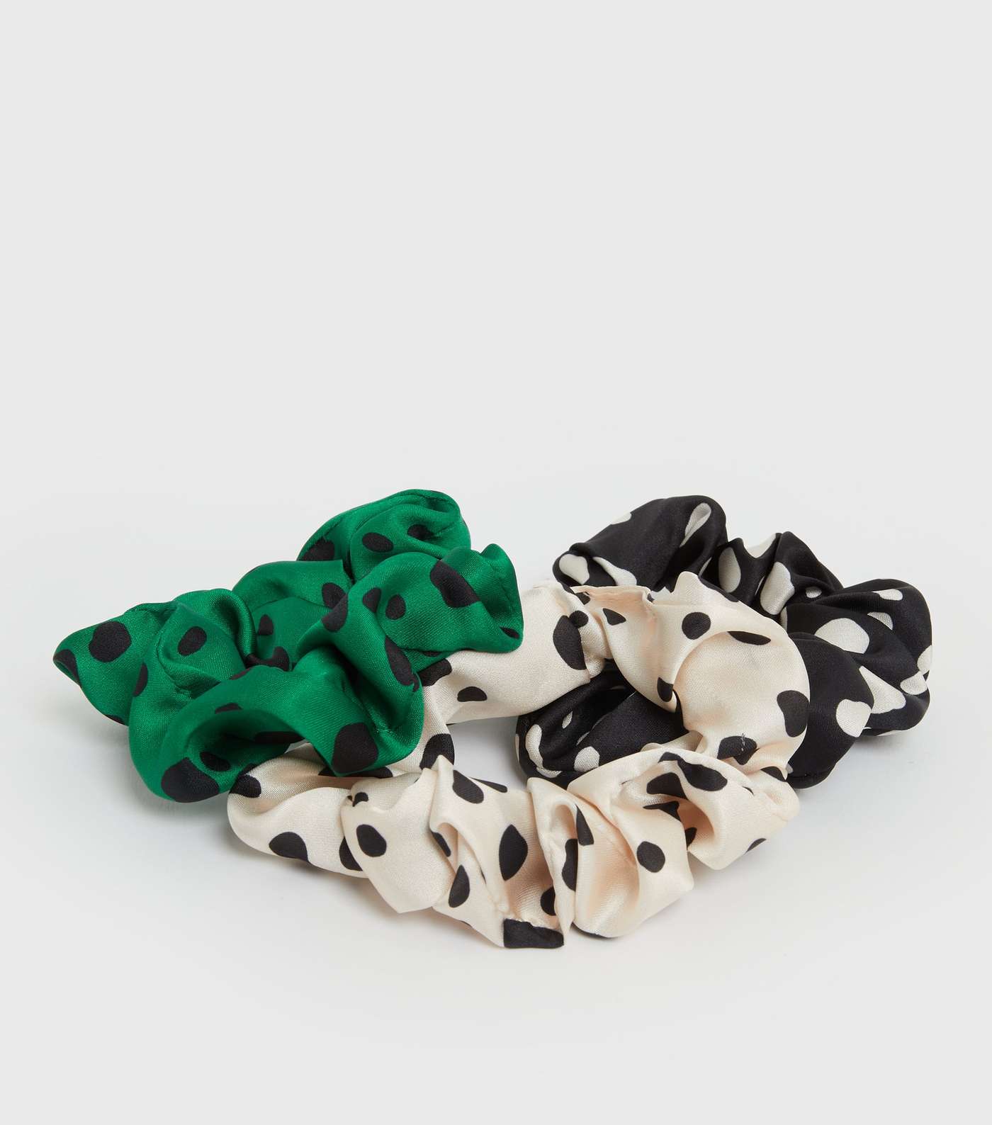 3 Pack Black Green and Cream Spot Scrunchies