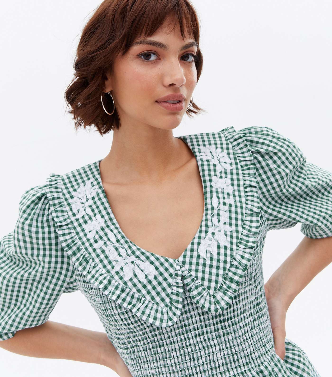 Green Gingham Embroidered Frill Collar Peplum Blouse