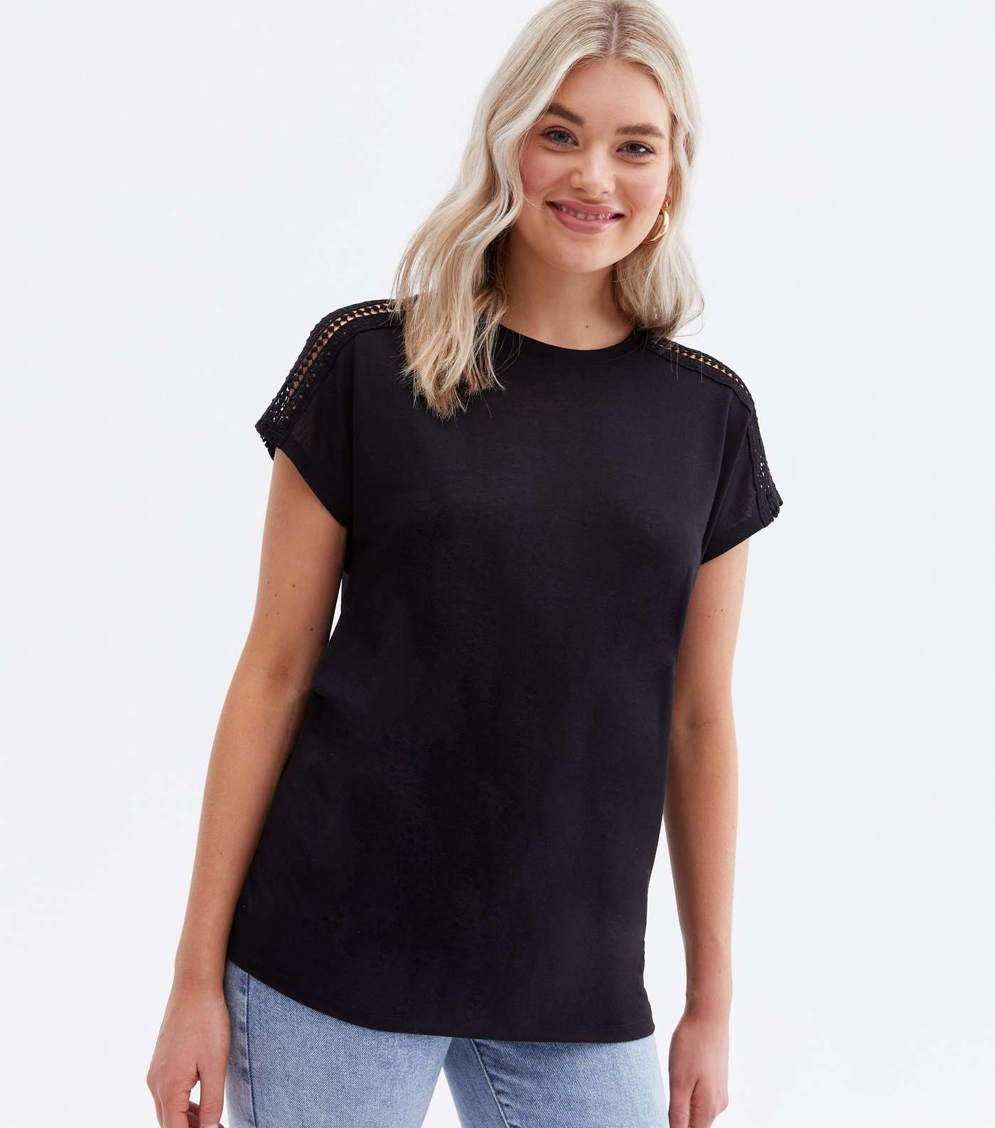 Tall Black Crochet Sleeve Long T-Shirt Image 3