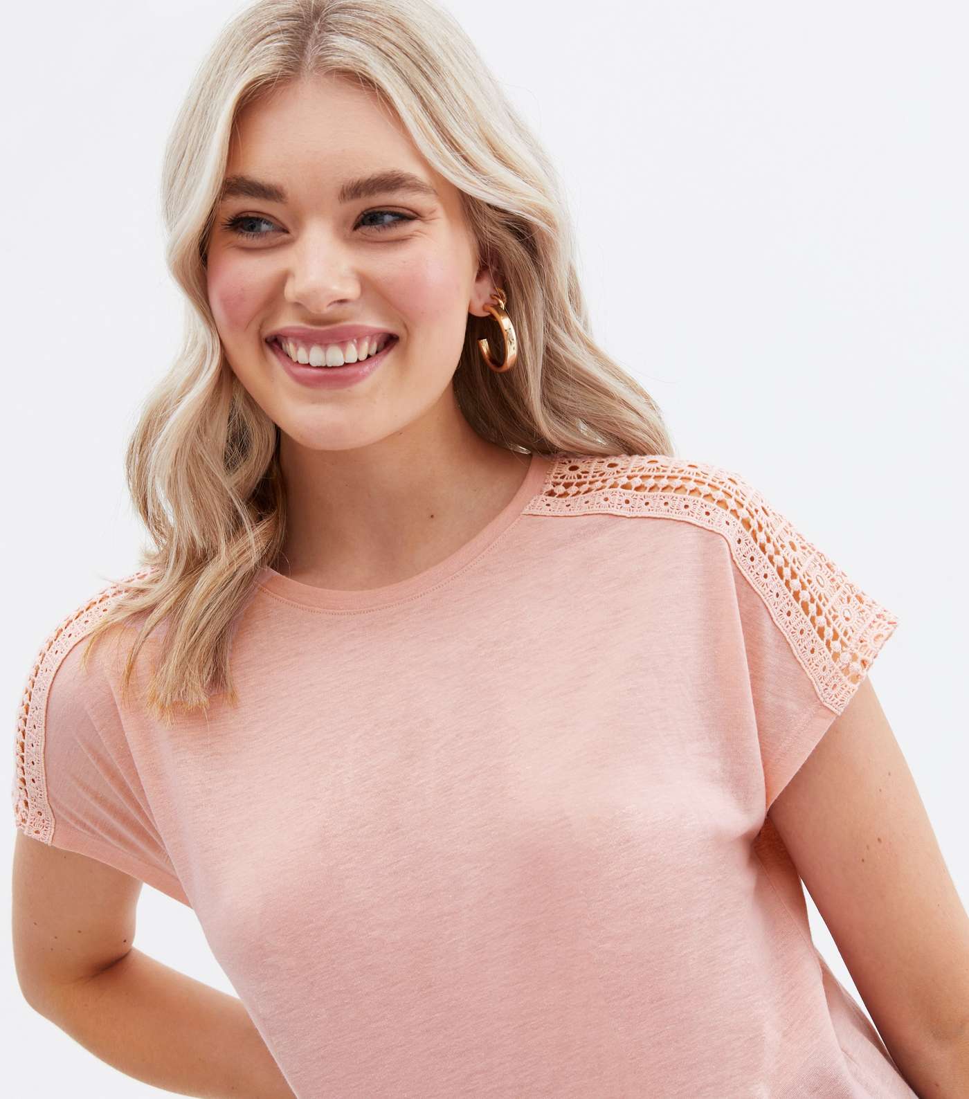 Tall Pale Pink Crochet Sleeve Long T-Shirt