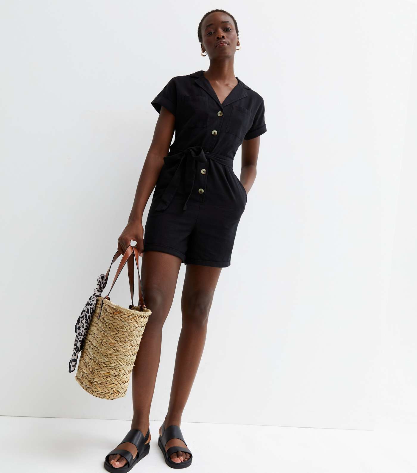 Tall Black Denim Button Front Belted Utility Playsuit Image 2