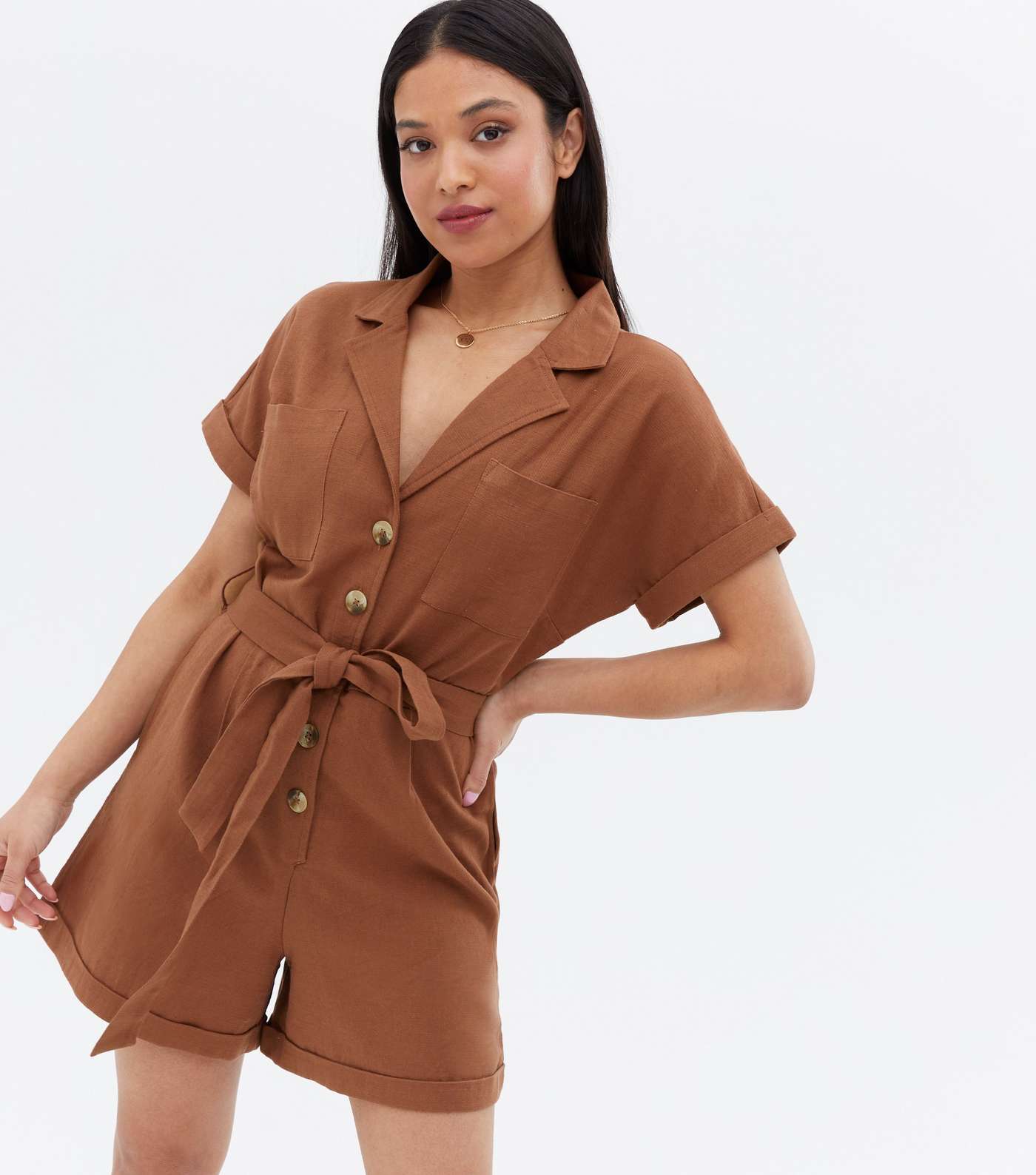 Petite Brown Revere Collar Button Front Belted Playsuit