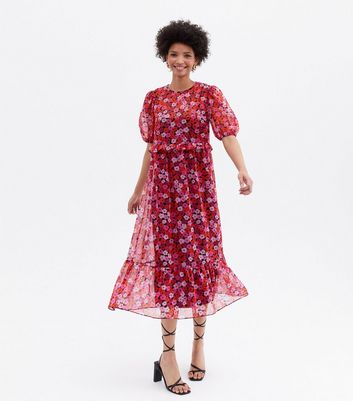 Click to view product details and reviews for Pink Floral Chiffon Tie Back Tiered Midi Dress New Look.