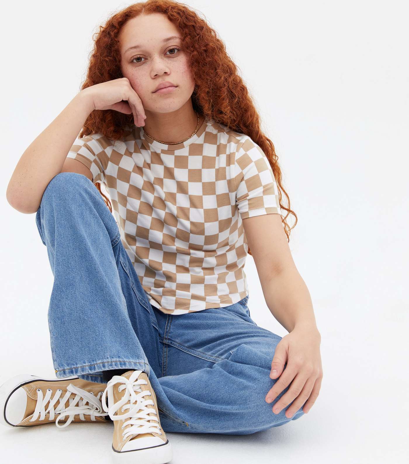 Girls Brown Checkerboard Hanky Hem T-Shirt Image 2