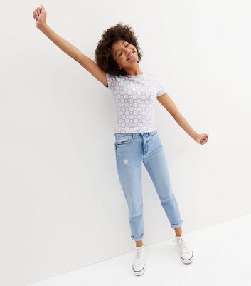 Girls Lilac Retro Floral Checkerboard T 