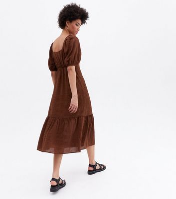 Dark Brown Textured Square Neck Tiered Midi Dress New Look