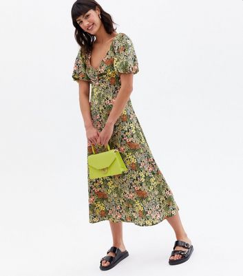 Green Ditsy Floral Frill Tiered Midi Dress | New Look