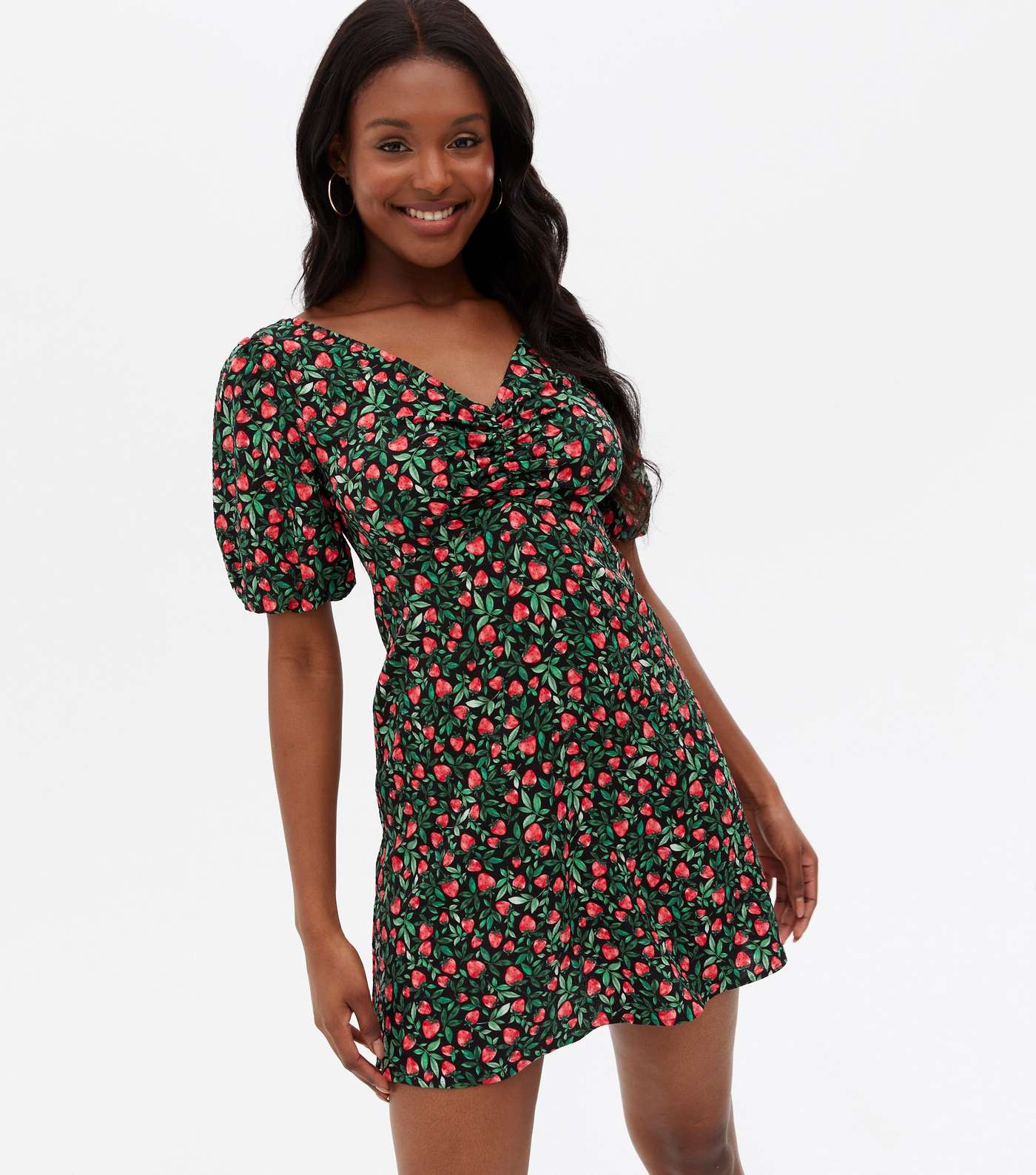 Black Strawberry Ruched Front Mini Dress