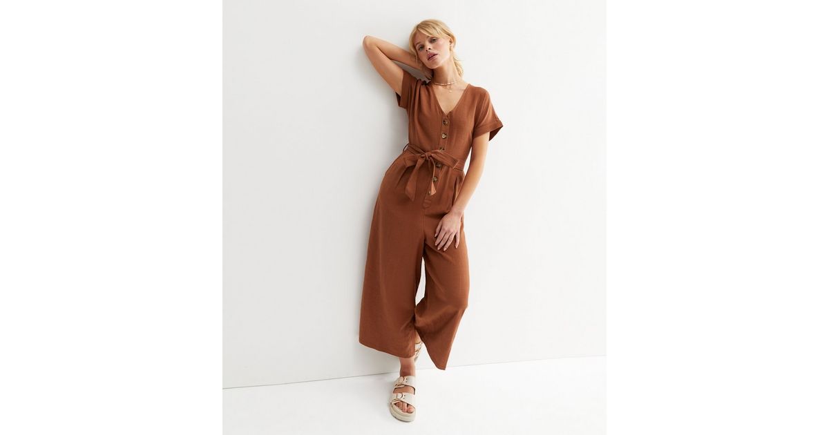 Rust Button Belted Wide Leg Crop Jumpsuit | New Look