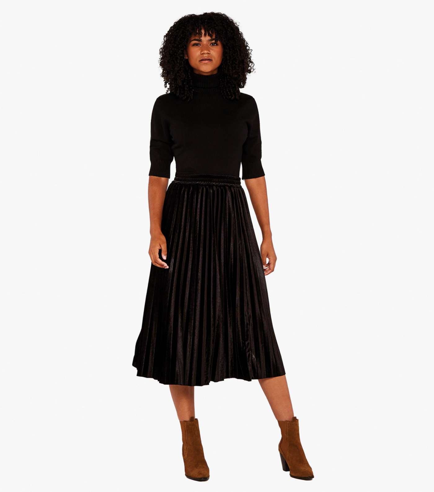Apricot Black Velvet Pleated Midi Skirt