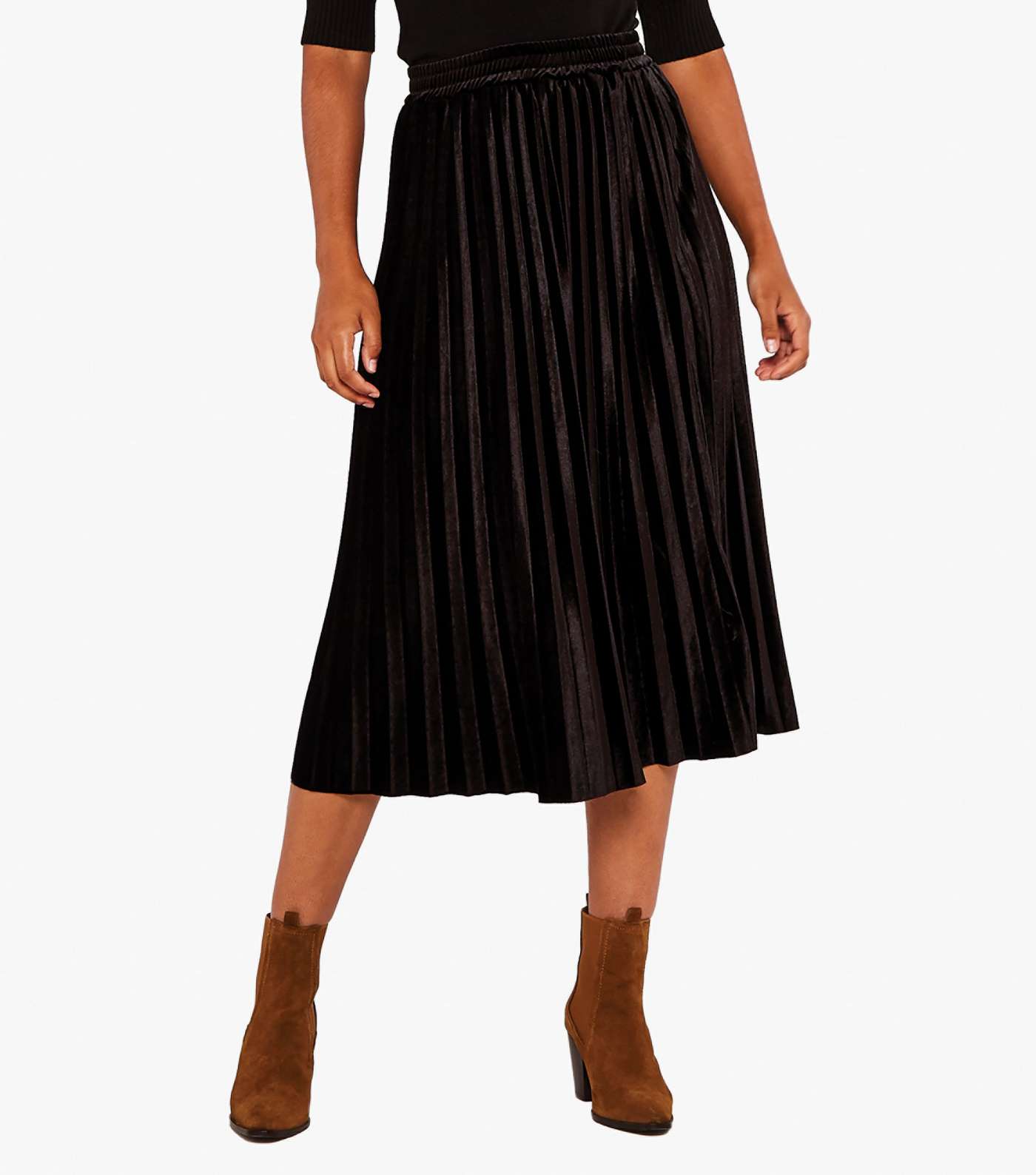 Apricot Black Velvet Pleated Midi Skirt Image 3
