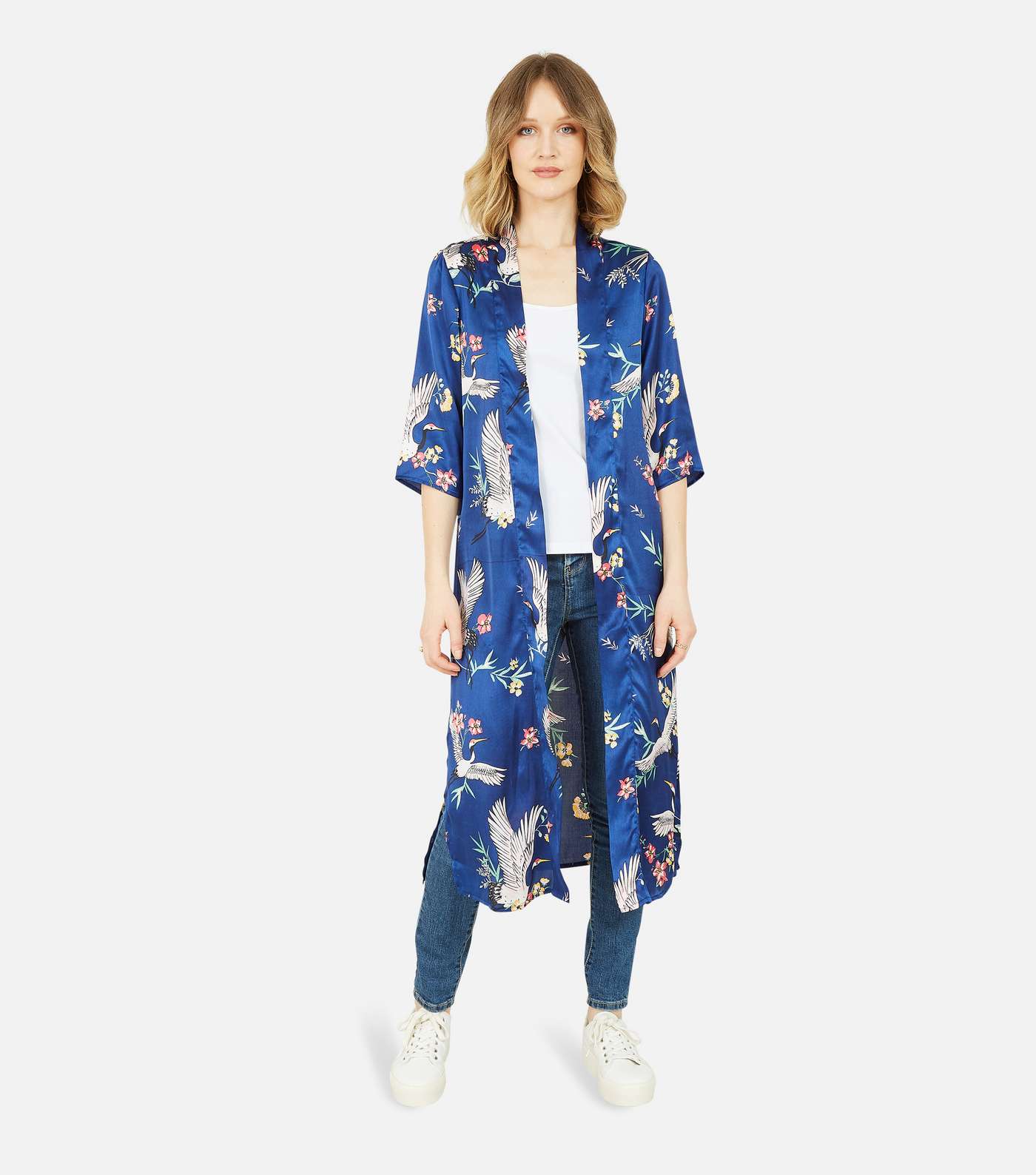 Yumi Navy Bird Print Satin Long Kimono