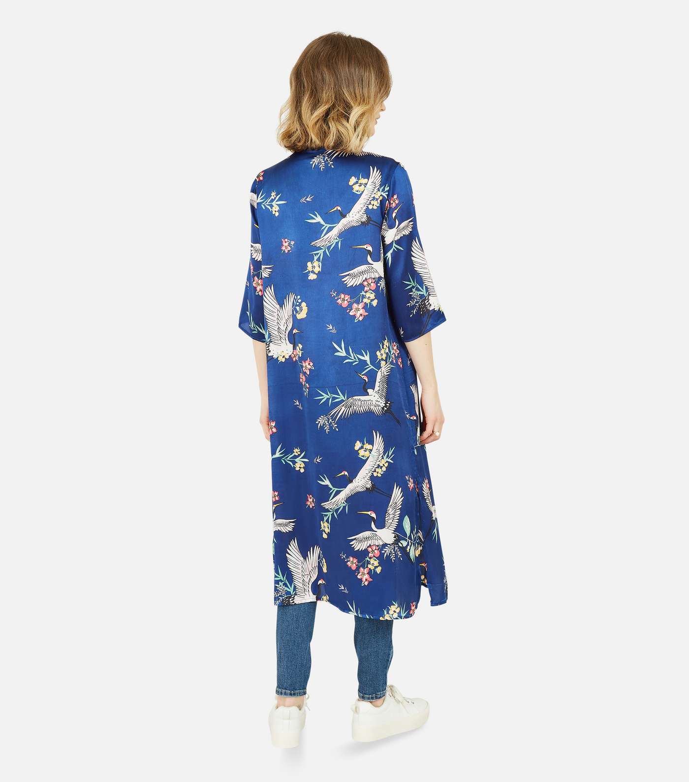 Yumi Navy Bird Print Satin Long Kimono Image 3