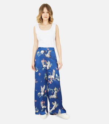 Yumi Navy Bird Print Satin Trousers 