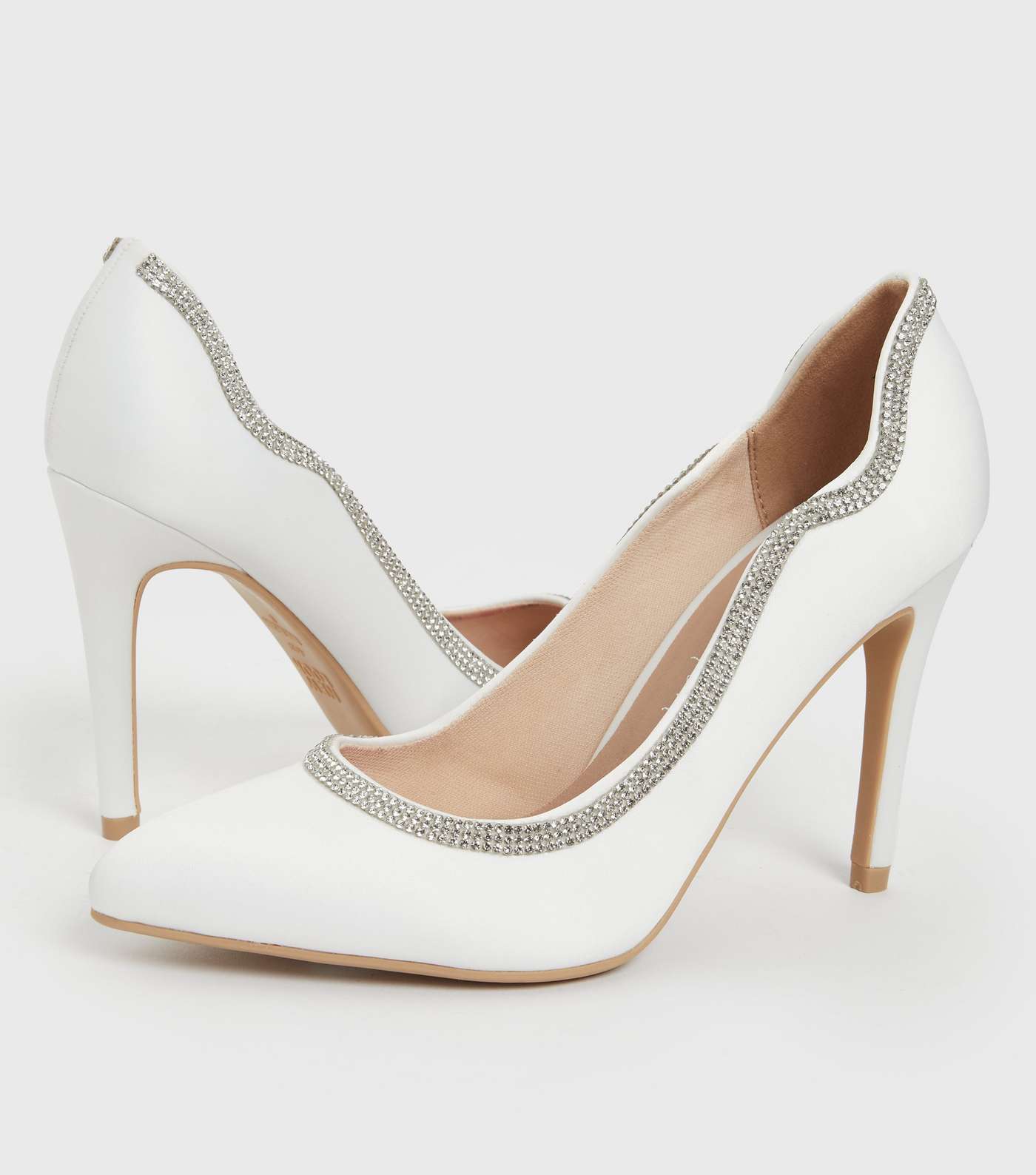 White Bridal Satin Diamanté Stiletto Heel Court Shoes Image 3