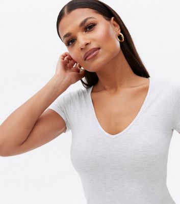 Pale Grey V Neck Short Sleeve T-Shirt 