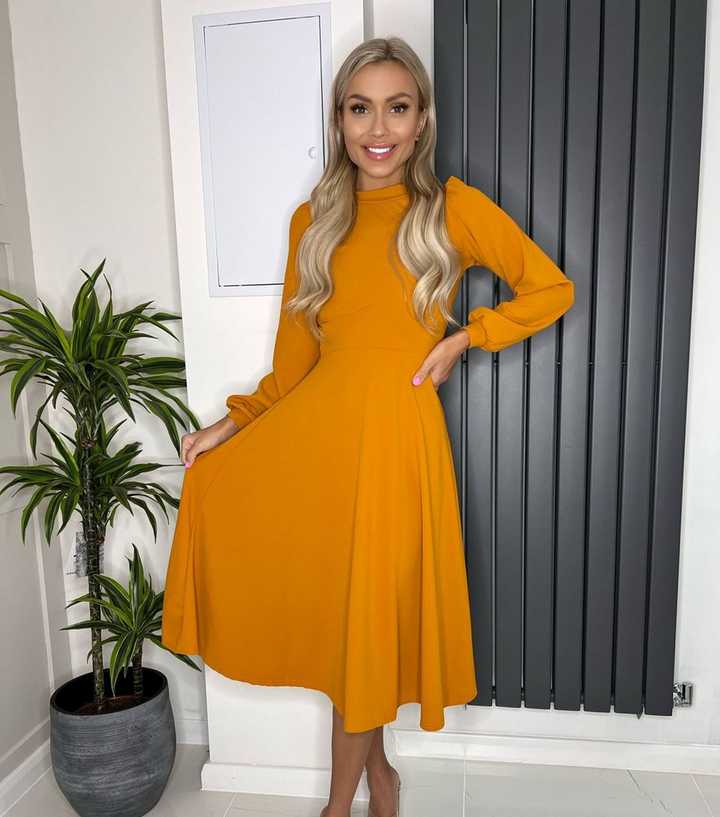 Missfiga Mustard High Neck Puff Sleeve Midi Dress New Look