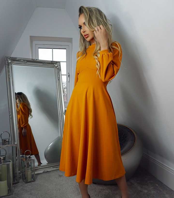 Missfiga Mustard High Neck Puff Sleeve Midi Dress | New Look