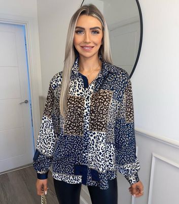 Click to view product details and reviews for Ax Paris Navy Patchwork Leopard Print Button Front Shirt New Look.