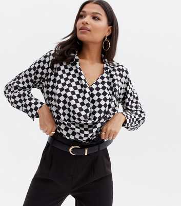 Cameo Rose Black Check Cowl Neck Long Sleeve Blouse
