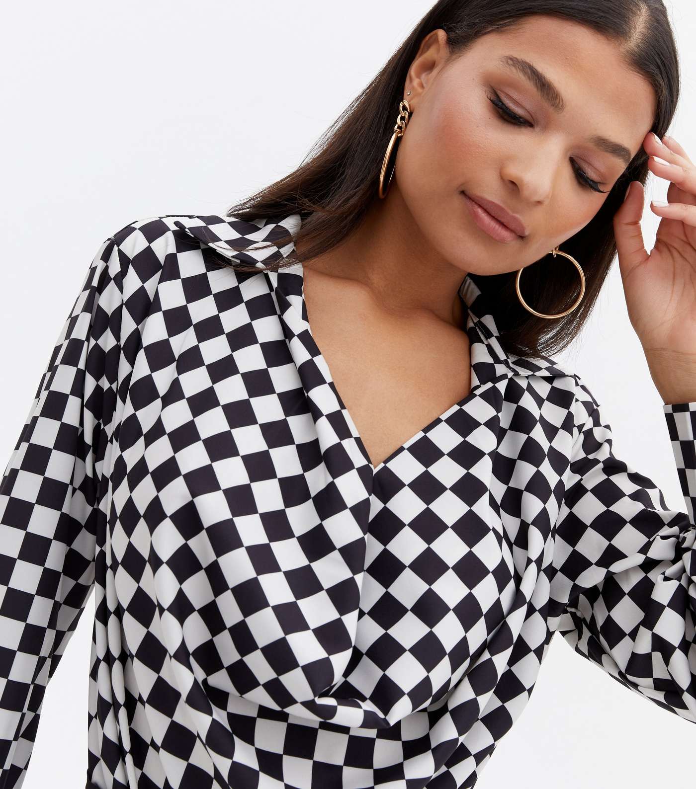 Cameo Rose Black Check Cowl Neck Long Sleeve Blouse Image 3