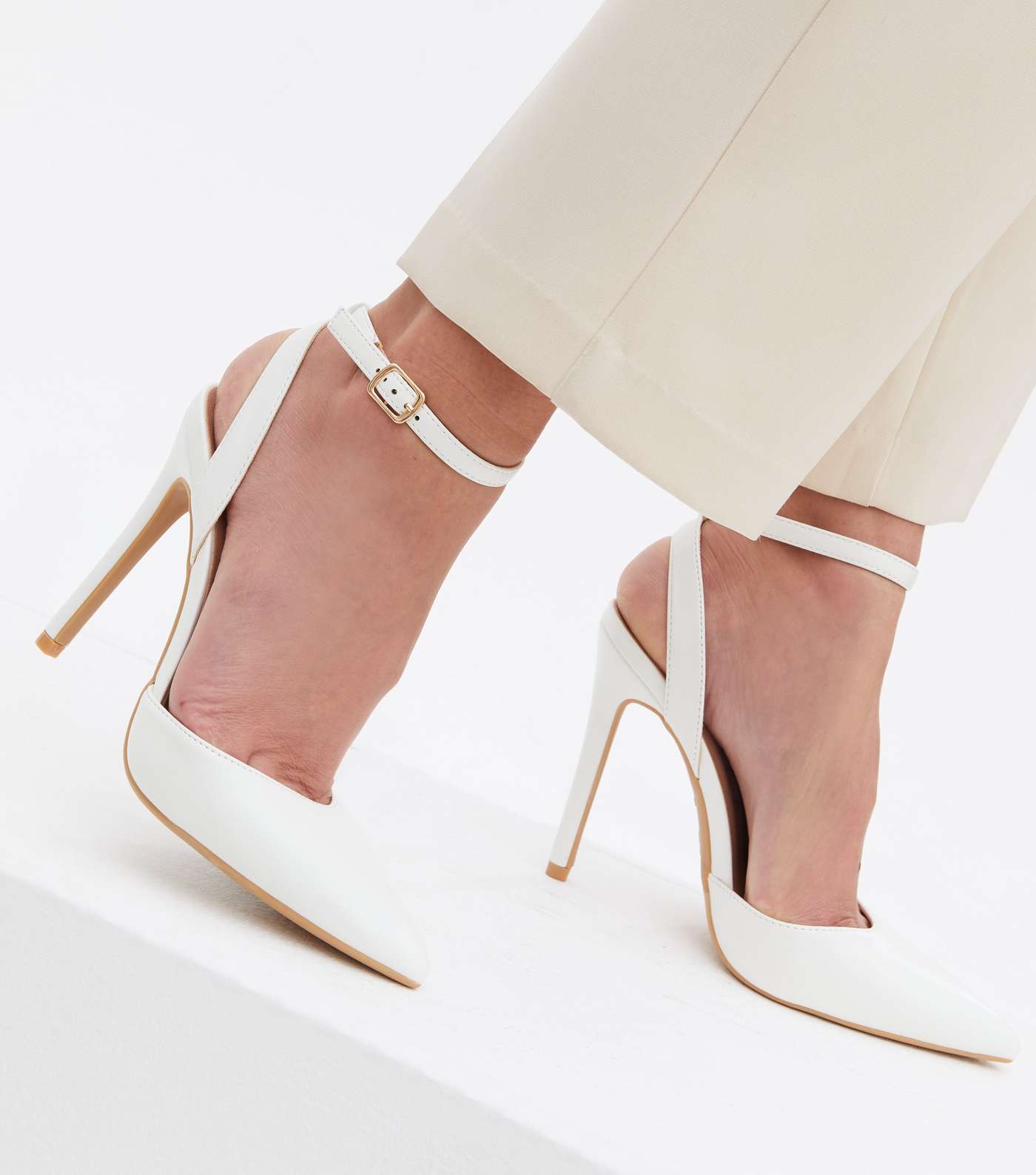 White Strappy Pointed Stiletto Heel Court Shoes Image 2
